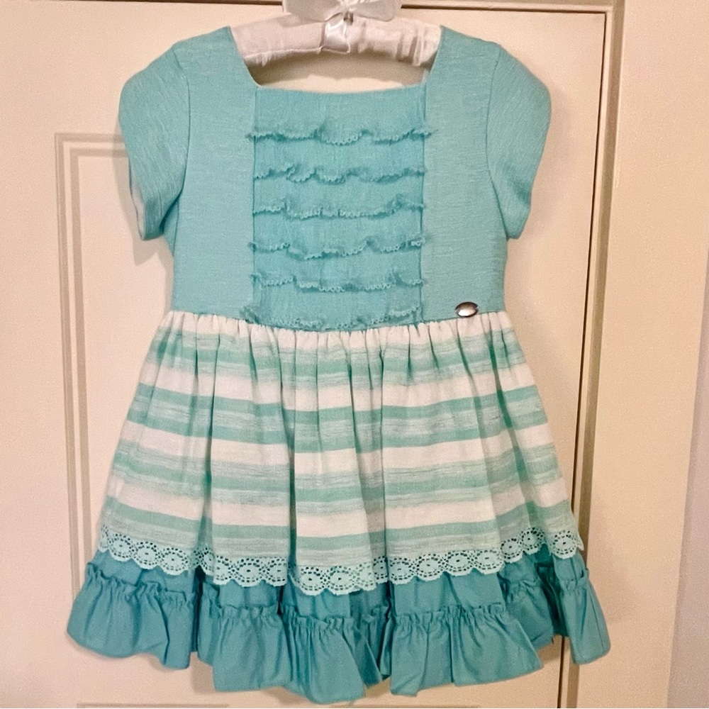 Dolce Petite Size 5 Girls Aqua and white striped dress